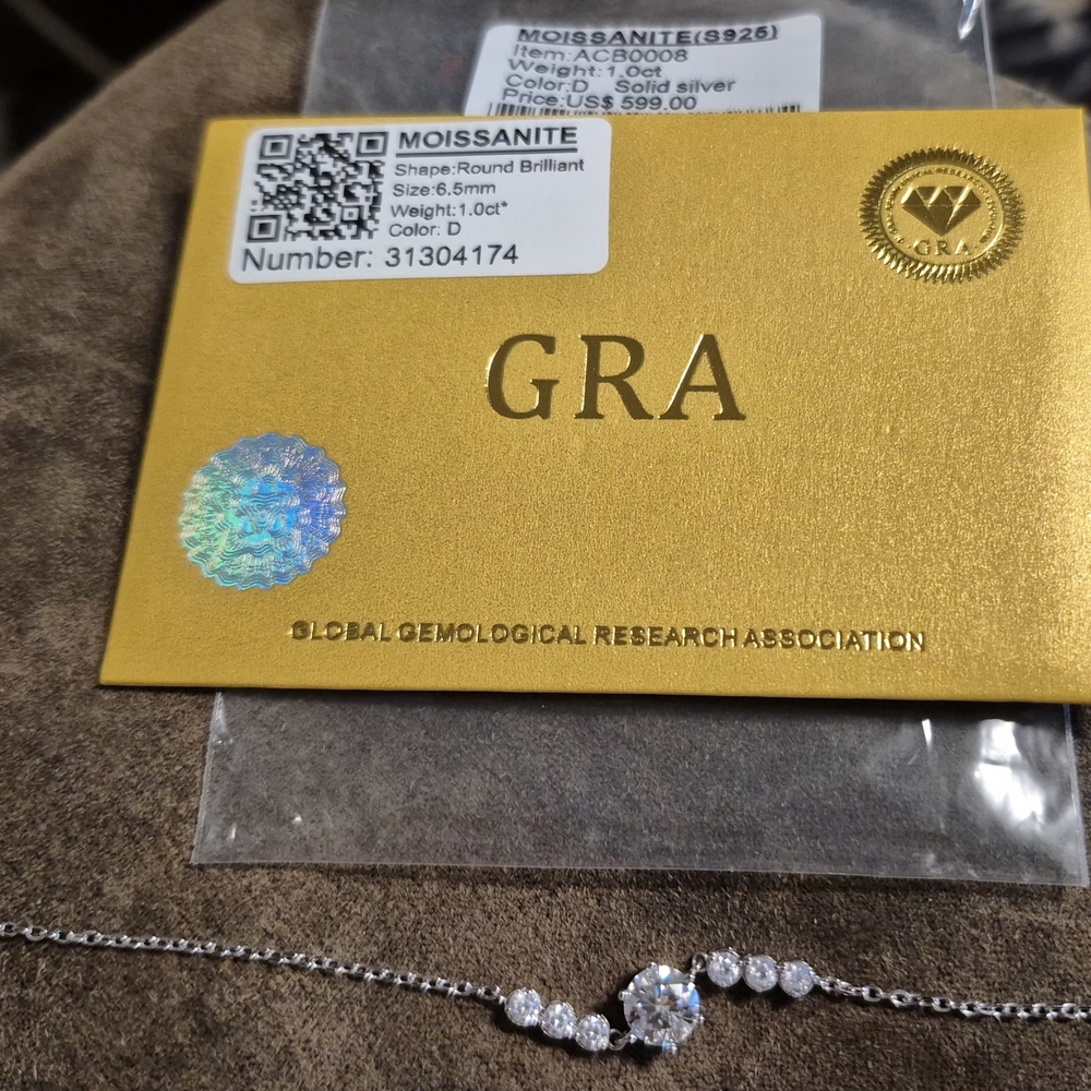 Sterling Silver Bracelet with 1 CT Moissanite Stones, GRA Certified, COLOR: D